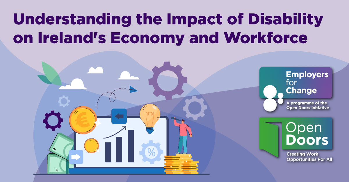 Illustration of a laptops with coins and a small human figure using a telescope. Understanding the Impact of Disabiliity on Ireland's Economy and Workforce. Logos for Employers for Change and Open Doors