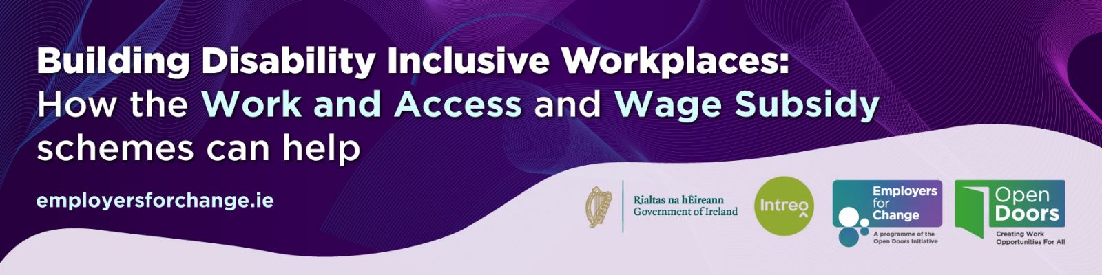 Building Disability Inclusive Workplaces: How the Work and Access and Wage Subsidy schemes can help.  Logos for Government of Ireland, Intreo, Employers for Change and Open Doors. employersforchange.ie